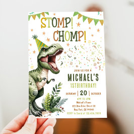 Convites Boys Green Stomp Chomp Roar Dinosaur 1st Birthday