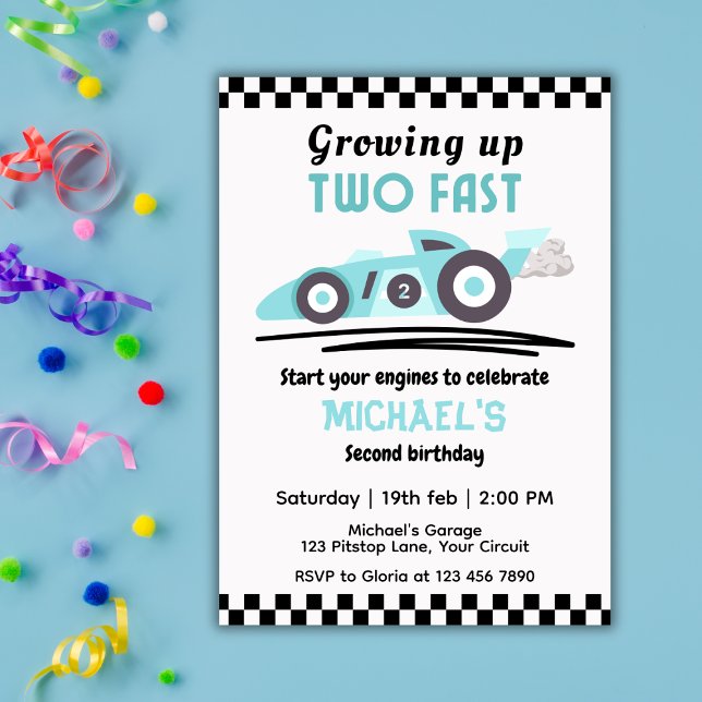 Convites Boys Growing Up Two Fast Race Car 2nd Birthday (Criador carregado)