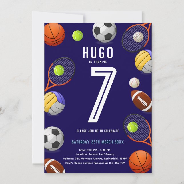 Convites Boys Modern Blue Sports Kids Birthday Invitation (Frente)