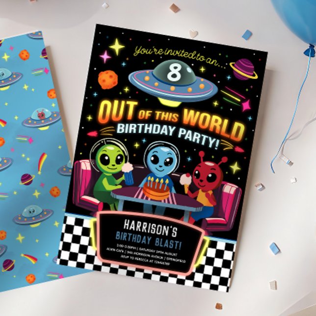 Convites Boys Out Of This World Neon Space Birthday (Criador carregado)