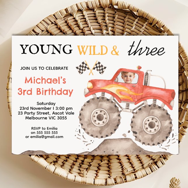 Convites Boys Red Monster Caminhão Jovem Selvagem Três Aniv (Boys Monster Truck Birthday Invitation, Young Wild Three Monster Truck Birthday Invitation Template)