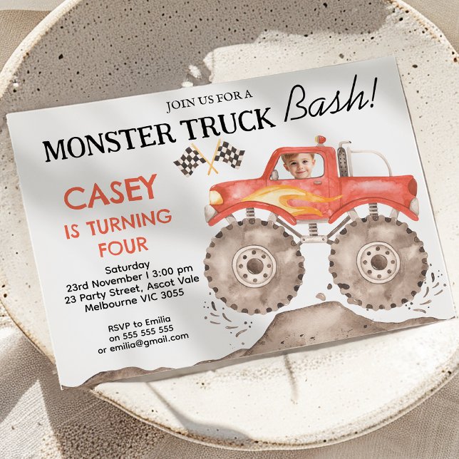 Convites Boys Red Monster Truck Bash Aniversário (Monster Truck Bash Birthday Invitation Boy, Red Monster Truck Birthday Invitation Any Age, Photo)
