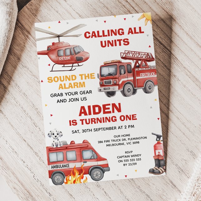 Convites Boys Red Rescue Calling All Units Birthday (Calling All Units Invitation, Fire Truck Birthday Invitation, Emergency Squad Invitation, Alarm)