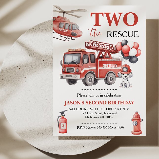Convites Boys Red Two The Rescue Fire Truck Birthday  (Two The Rescue Invitation, Fire Truck Birthday Invitation, Boys 2nd Birthday Invite, Dalmatian)