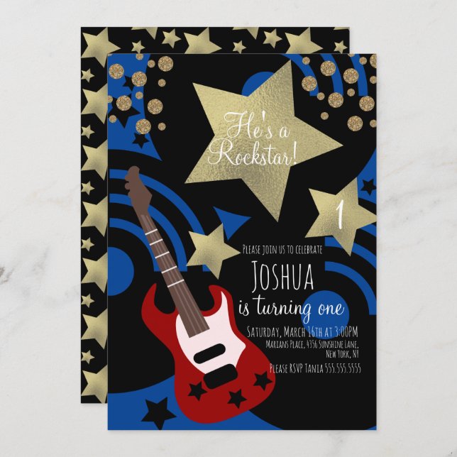 Convites Boys Rockstar Guitar Faux Dourada Star Rock Party (Frente/Verso)