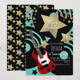 Convites Boys Rockstar Guitar Faux Dourada Star Rock Party