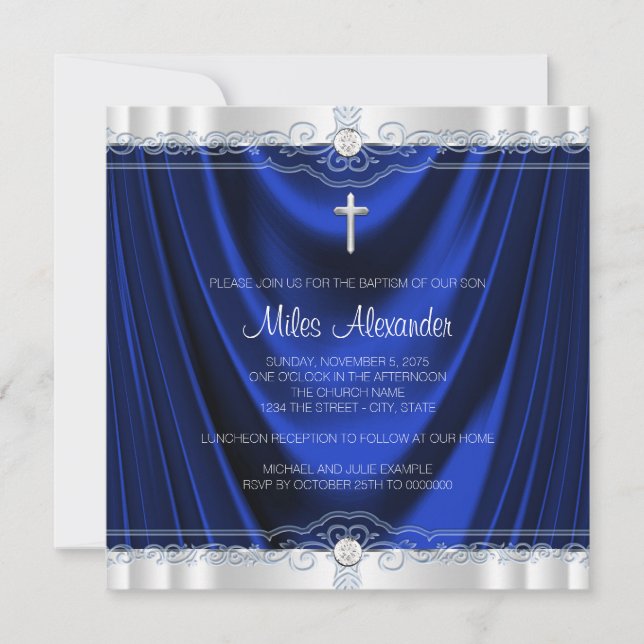 Convites Boys Royal Blue Baptism Christening (Frente)