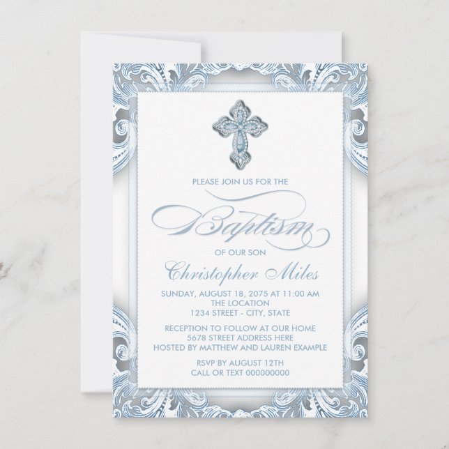 Convites Boys Silver Blue Baptism (Frente)