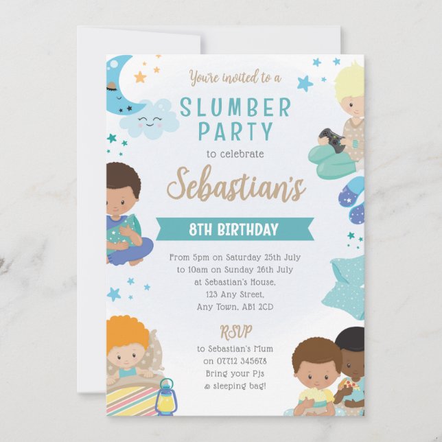 Convites Boys Sleepover Invitation – PJs, Pillows & Gaming (Frente)