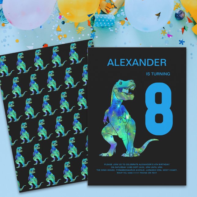 Convites Boys T-Rex Dino 8th Festa de aniversário (T-Rex dino boys 8th birthday party invitation colorful dinosaur blue modern  )