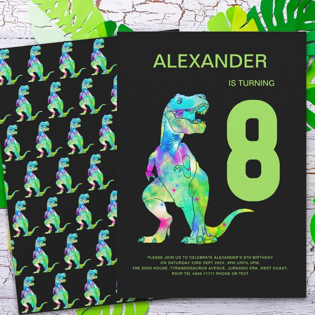 Convites Boys T-Rex Dino 8th Festa de aniversário (Dinosaur T-Rex boys 8th birthday party green blue black )
