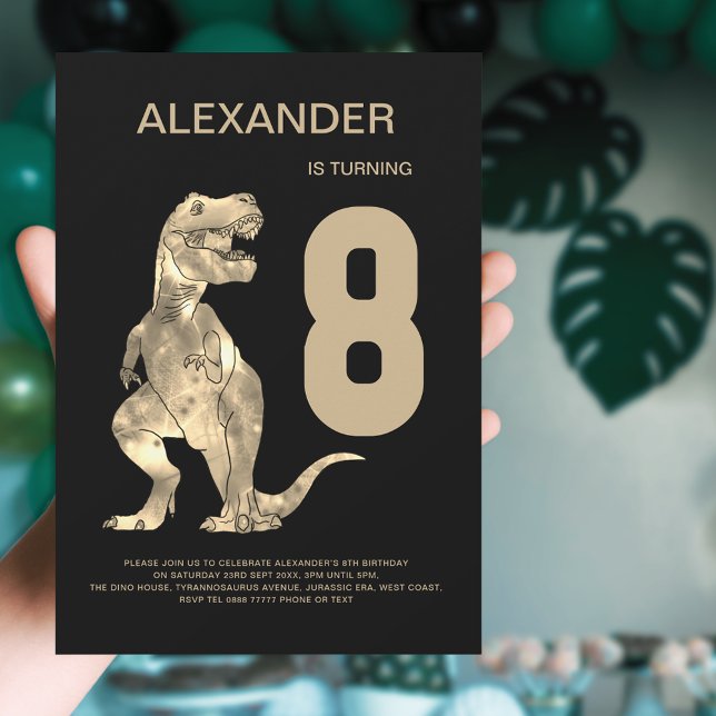 Convites Boys T-Rex Dinossaur 8ª Festa de aniversário (Dinosaur T-Rex boys 8th birthday party invitation bold simple black and brown design)