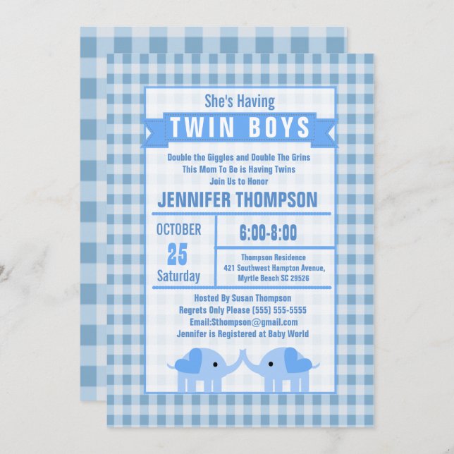 Convites Boys Twin Elephant Chá de fraldas Blue Gingham (Frente/Verso)
