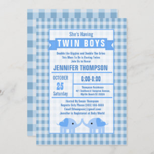 Convites Boys Twin Elephant Chá de fraldas Blue Gingham