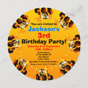 Convites Boys Yellow Digger aniversário de 3 anos Construct