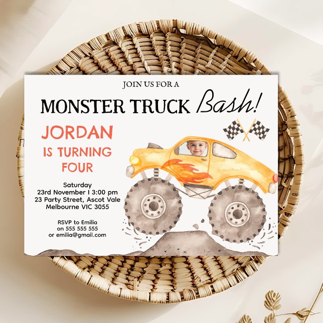 Convites Boys Yellow Monster Monster Basch Birthday (Monster Truck Birthday Invitation Template, Yellow Monster Truck Bash Birthday Invite Any Age)