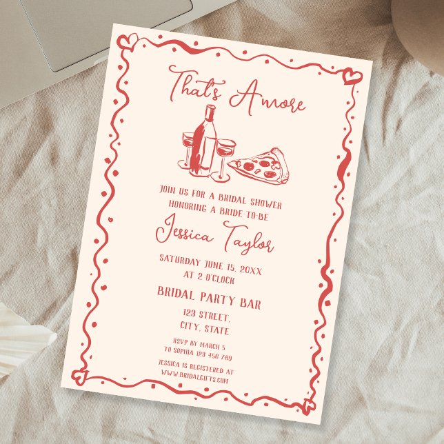 Convites Braço de Bridal Desenhado pela Mão Vermelha Quirky (red hand drawn wine bottle and pizza slice bridal shower invitation)