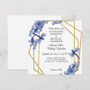 Convites Branca Azul Chinoiserie Dragonfly Floral