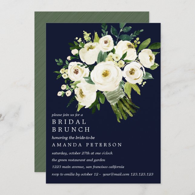 Convites Branca Buquê Azul Bridal Brunch (Frente/Verso)
