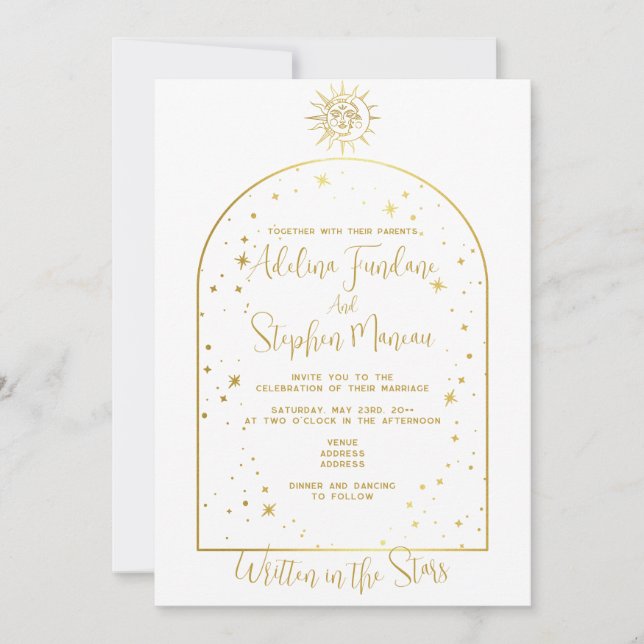 Convites Branca Celestial e Estrelas Douradas Casamento Lua (Frente)