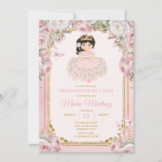 Convites Branca cor-de-rosa Niña Apresentação De Tres Años (Frente)