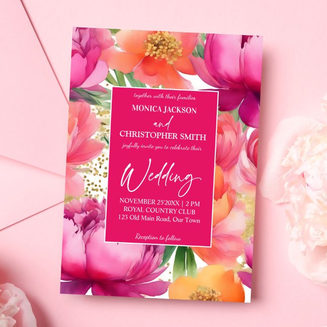 Convites Branca de laranja rosa elegante em um casamento (Bold pink orange peony elegant all in one wedding editable template invitation digital download)