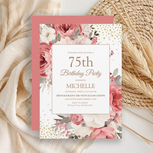 Convites Branca-de-Marfim, cor-de-rosa, florea Dourada, com (Elegant pink and ivory watercolor floral women's 75th birthday party invitation)
