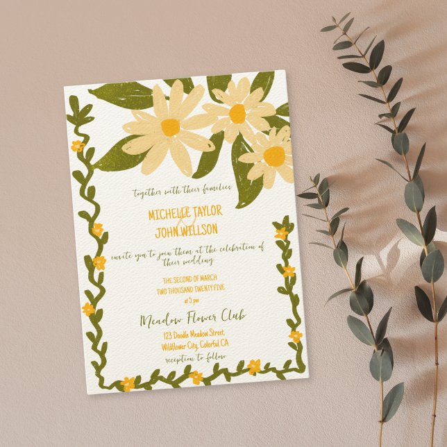Convites Branca Desenhada Mão Selvagem Daisy (whimsical doodle hand drawn daisies wedding invitation)