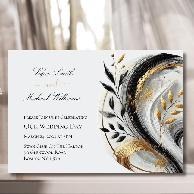 Convites Branca Dourada Botânica Moderna e Casamento  - Inv (Modern Botanical Black White and Gold Wedding Invitation)