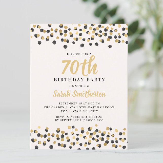 Convites Branca Dourada Confetti Glitter 70 de Aniversário (Black and gold confetti on white 70th birthday party invitation)