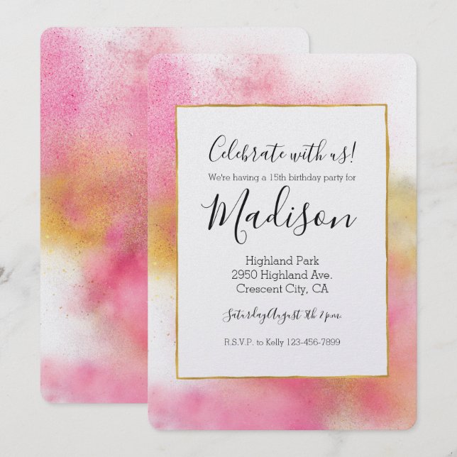 Convites Branca Dourada Rosa Rosa e Brilhante e Aniversário (Frente/Verso)