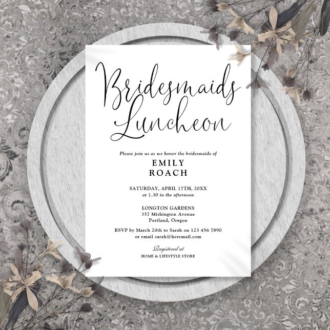 Convites Branca E Negra Letras Modernas de Bridesmaids Almo (Black And White Modern Script Bridesmaids Luncheon Invitation)