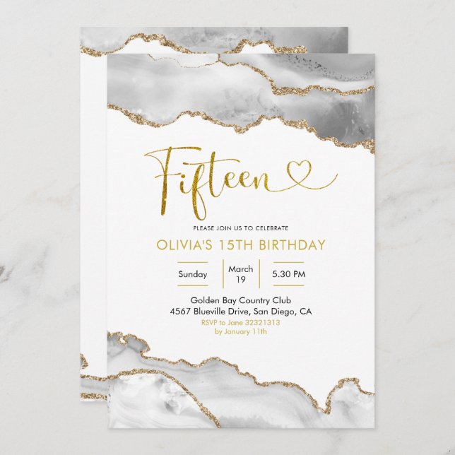 Convites Branca Elegante e Ágata Dourada Quinze Aniversário (Frente/Verso)