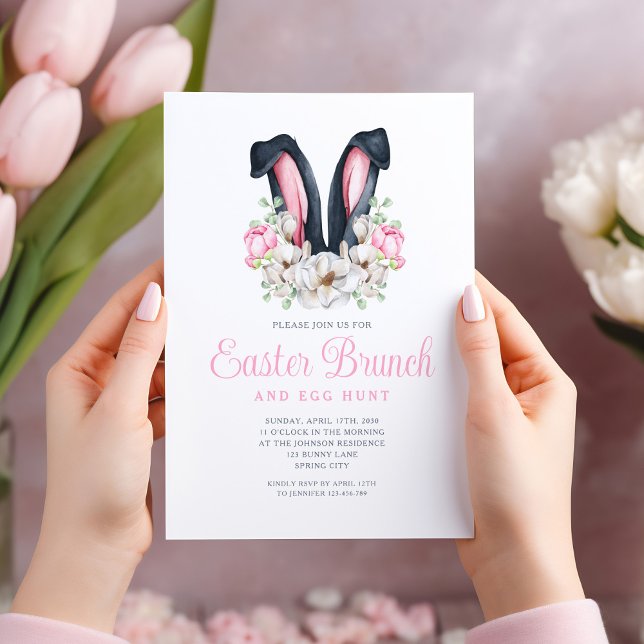 Convites Branca Floral Cor-de-rosa Páscoa (Pink Floral Bunny Ears Easter Brunch Invitation)