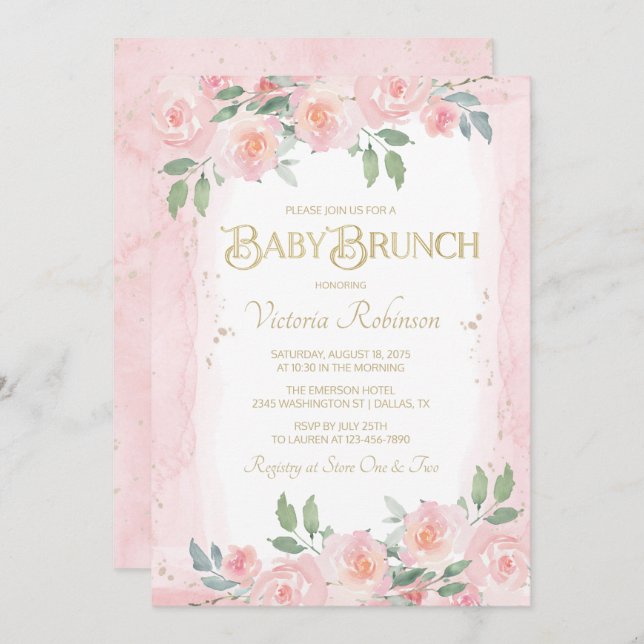 Convites Branca Floral Dourada, Cor de Água, Rosa Elegante (Frente/Verso)