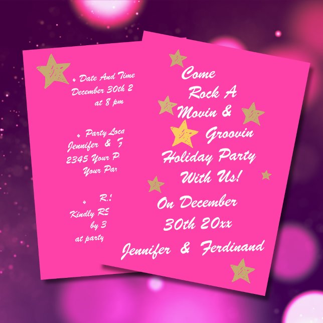 Convites Branca Moderna Pinik Dourada Stars Groovy Holiday (Modern chic white script on hot pink background with gold stars groovy holiday party invitation.)