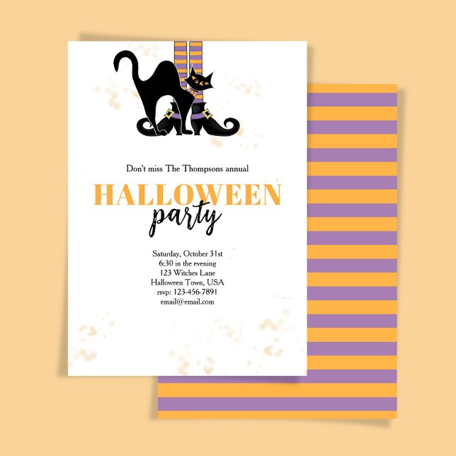 Convites Branca Negra de Bruxas Negra de Halloween (Whimsical Halloween party invitation with a witch and black cat.)
