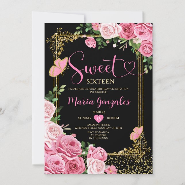 Convites Branca Negra Doce Dezesseis Dourados 16º Aniversár (Frente)