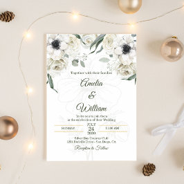 Convites Branca Preta Verde Anêmona Elegante Casamento