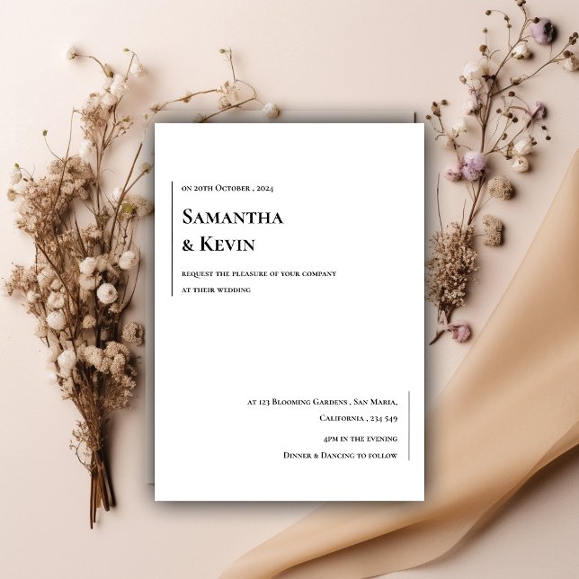 Convites Branco Clássico Minimalista Elegante sobre Casamen (Elegant Minimalist Classic White on Black Wedding Invitation)