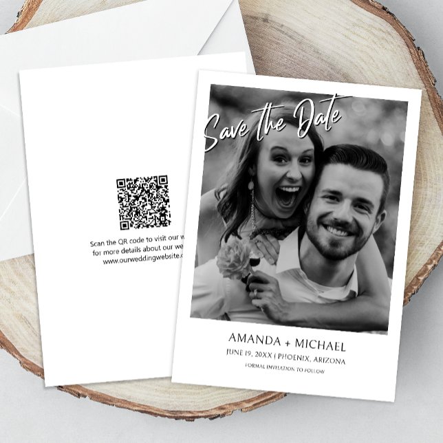Convites Branco | Código QR de Foto Branca Casamento Salvar (Cherish the moment and announce your day with our captivating photo Save the Date invitation.)