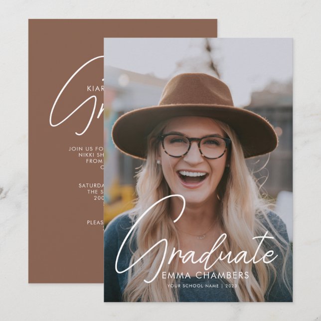 Convites Branco de Script Casual | Festa de formatura de fo (Frente/Verso)