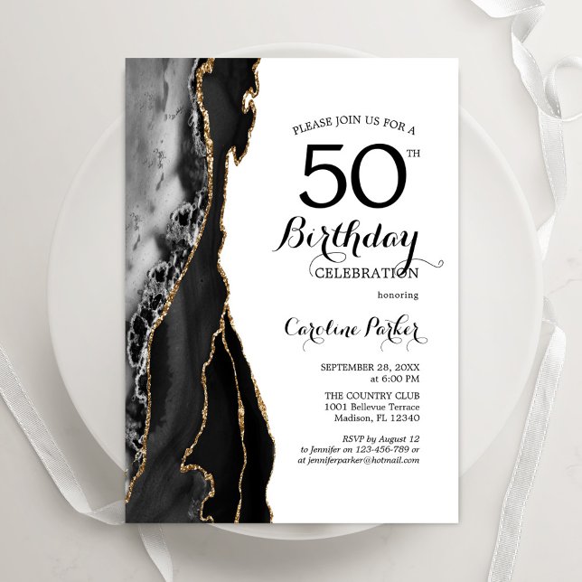 Convites Branco Dourado de Agate Negro 50º aniversário (Criador carregado)