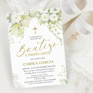 Convites Branco & Dourado Espanhol Bautizo y Primer Anito