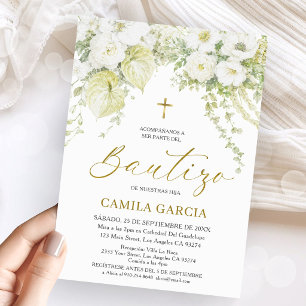 Convites Branco & Dourado Floral Espanhol Batismo Bautizo