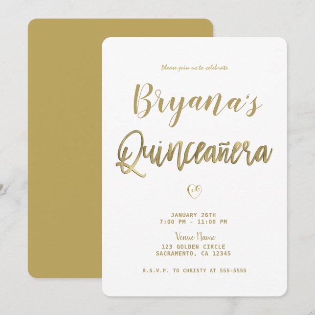Convites Branco & Dourado Moderno Minimalista Chic 15 Anos  (Frente/Verso)
