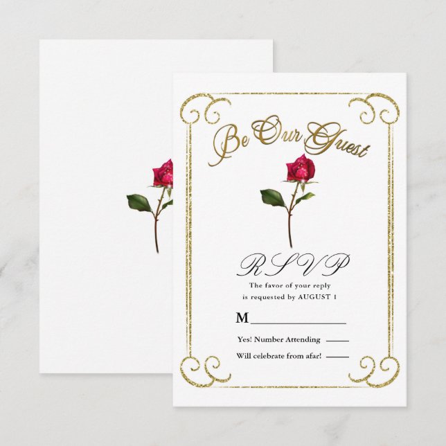 Convites Branco & Dourado Rosa Vermelha Beleza Casamento RS (Frente/Verso)