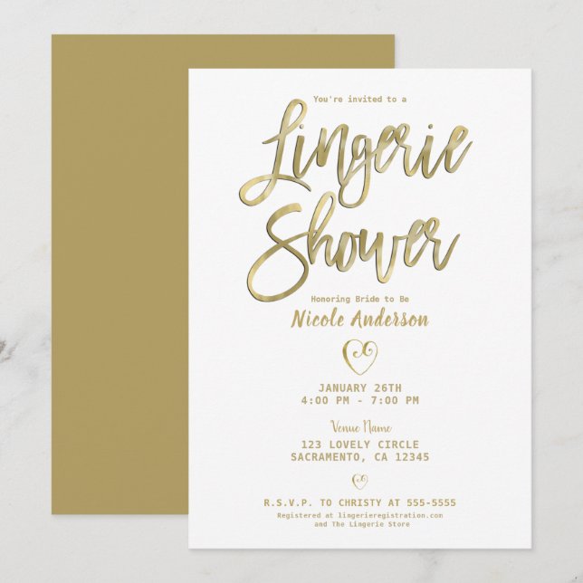 Convites Branco e Dourado Chuveiro de Lingerie Moderno Mini (Frente/Verso)