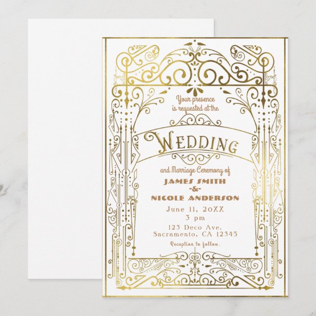 Convites Branco e Dourado Estilo Deco Casamento Vitoriano A (Frente/Verso)