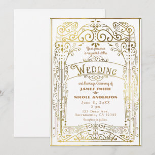 Convites Branco e Dourado Estilo Deco Casamento Vitoriano A